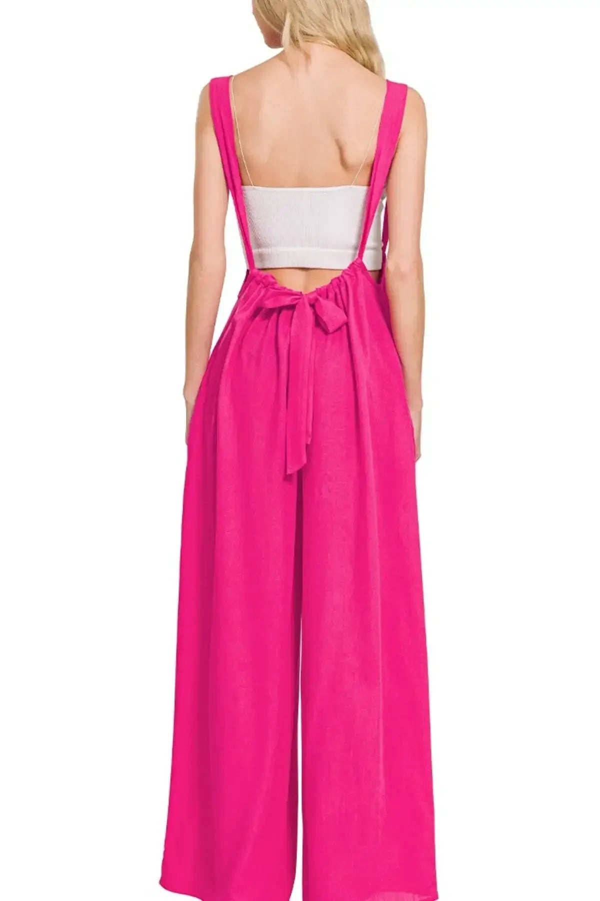 Zenana Woven Tie Back Suspender Jumpsuit