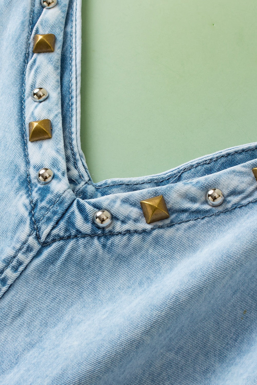 Raw Hem Studded V-Neck Drawstring Sleeveless Denim Romper