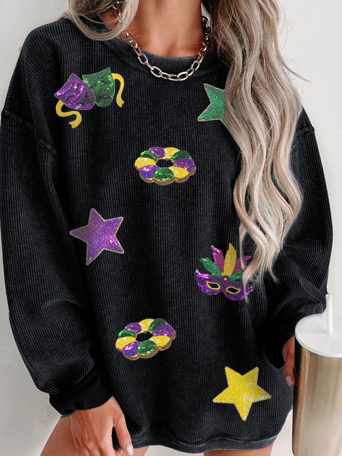 Sequin Round Neck Long Sleeve Sweatshirt - felvior