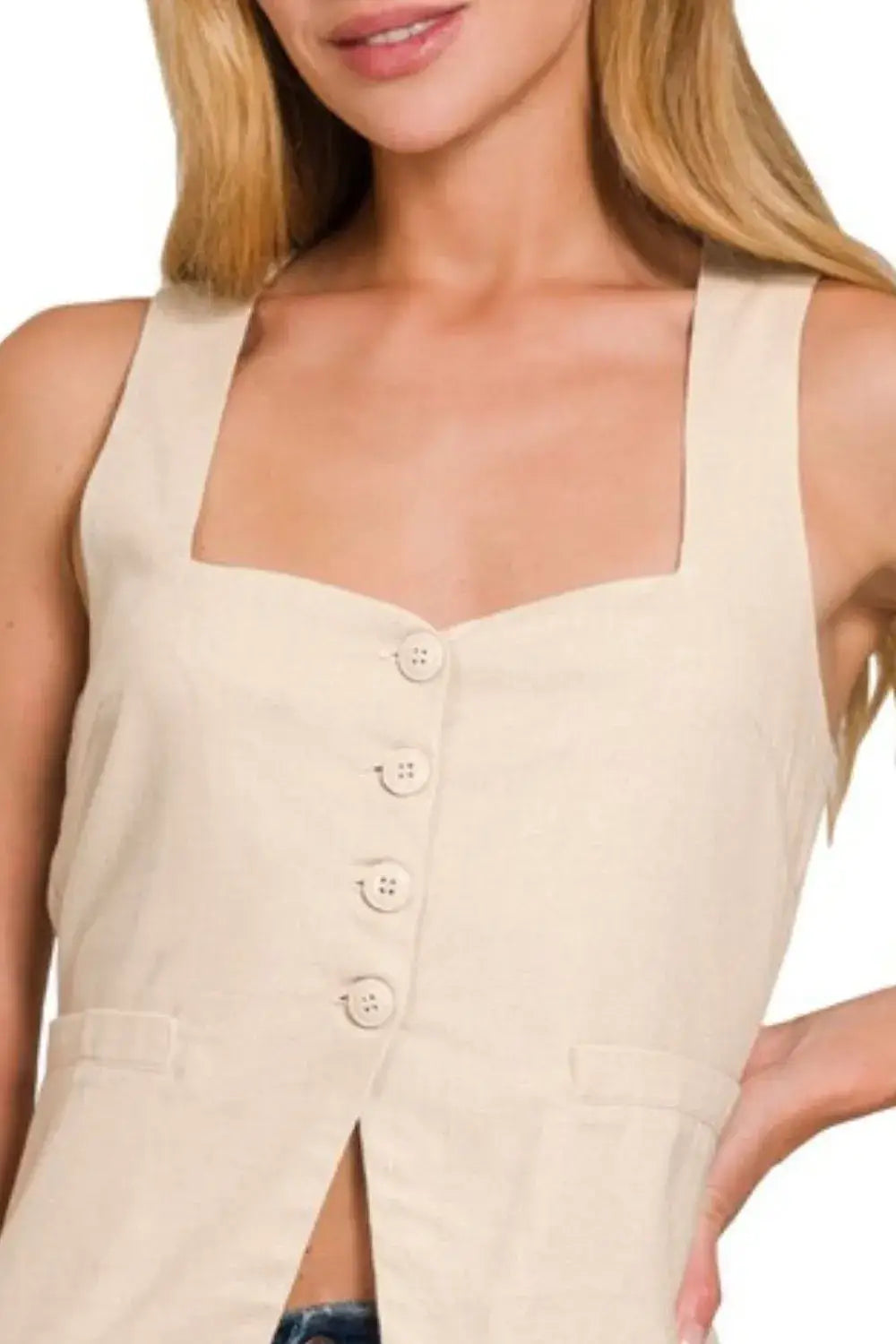 Zenana Linen Tie-back 4-button Vest with Lining