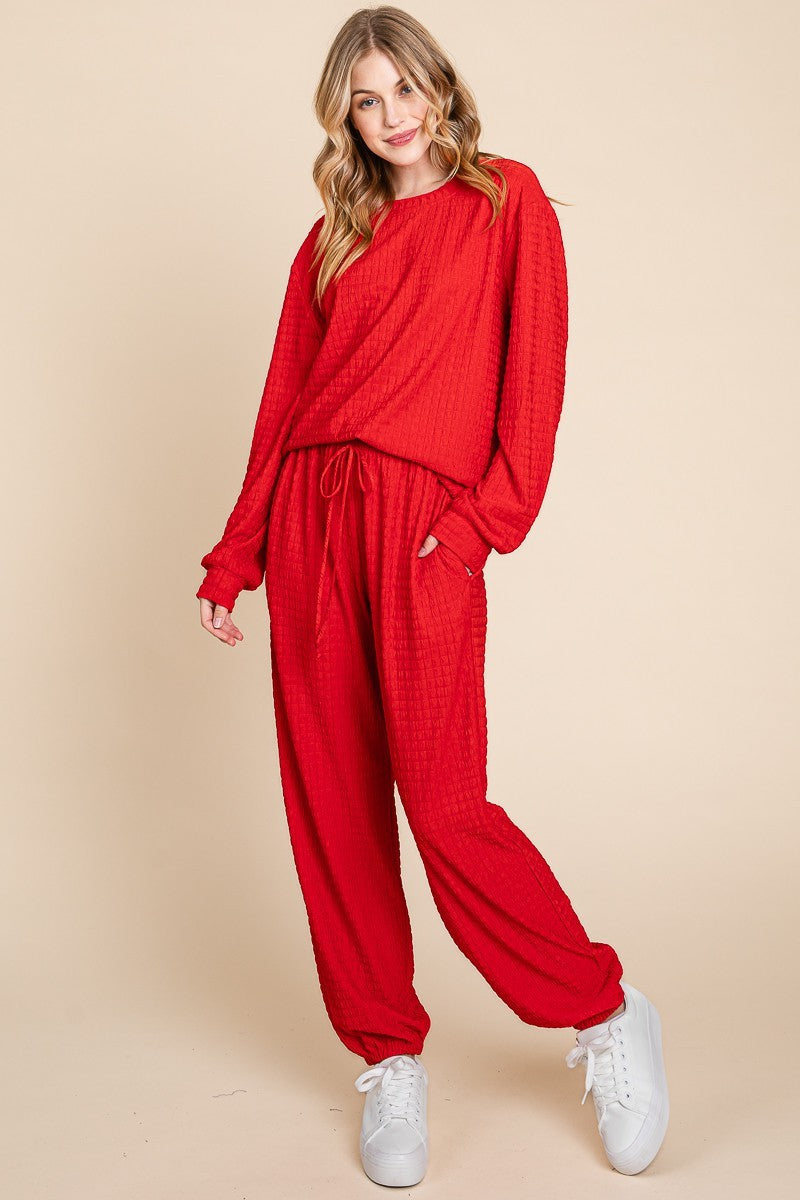 Super Lady Full Size Crinkle Check Round Neck Top and Pants Lounge Set - felvior