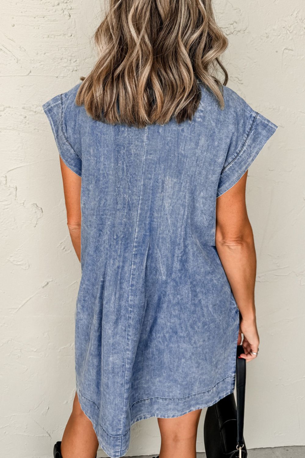 Tie V Neck Tucking Detail Short Sleeve Denim Dress