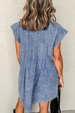 Tie V Neck Tucking Detail Short Sleeve Denim Dress - felvior