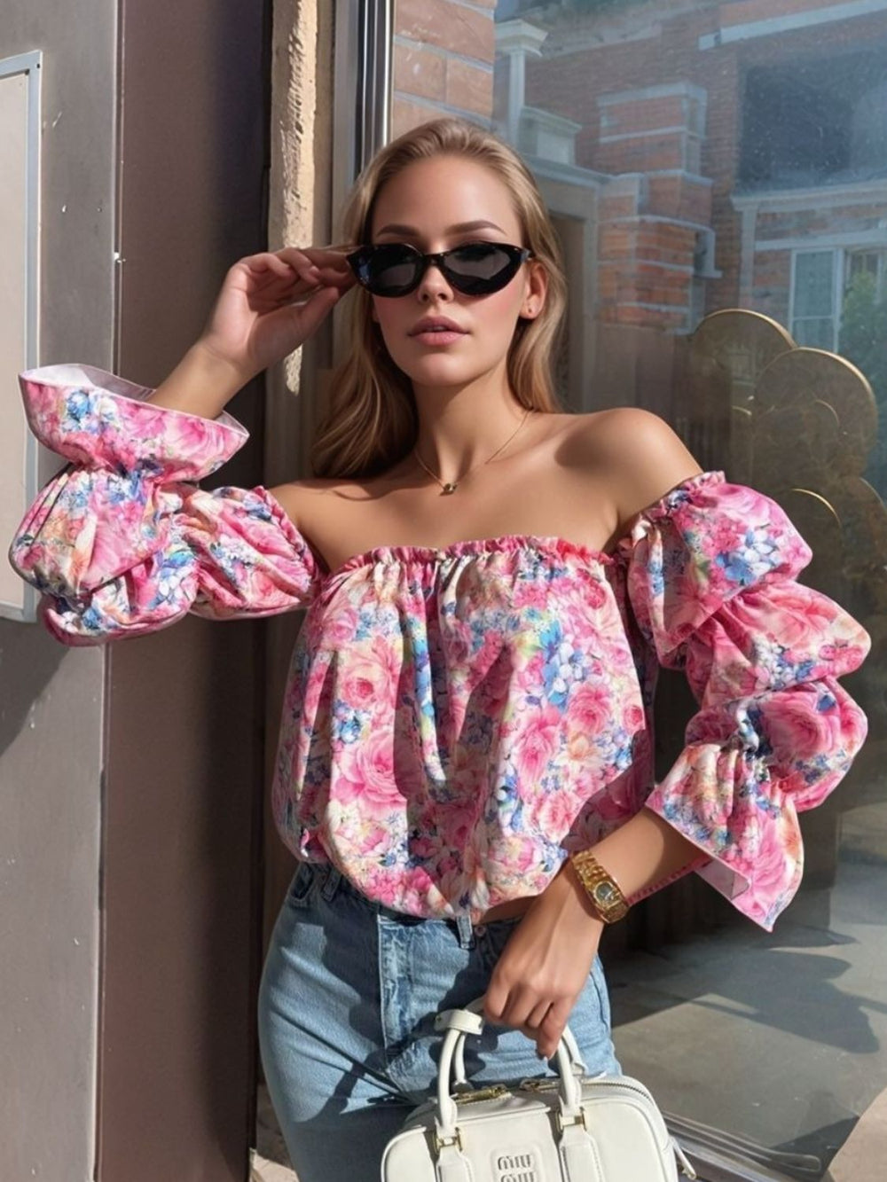 Printed Off-Shoulder Flounce Sleeve Blouse - felvior