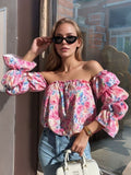 Printed Off-Shoulder Flounce Sleeve Blouse - felvior