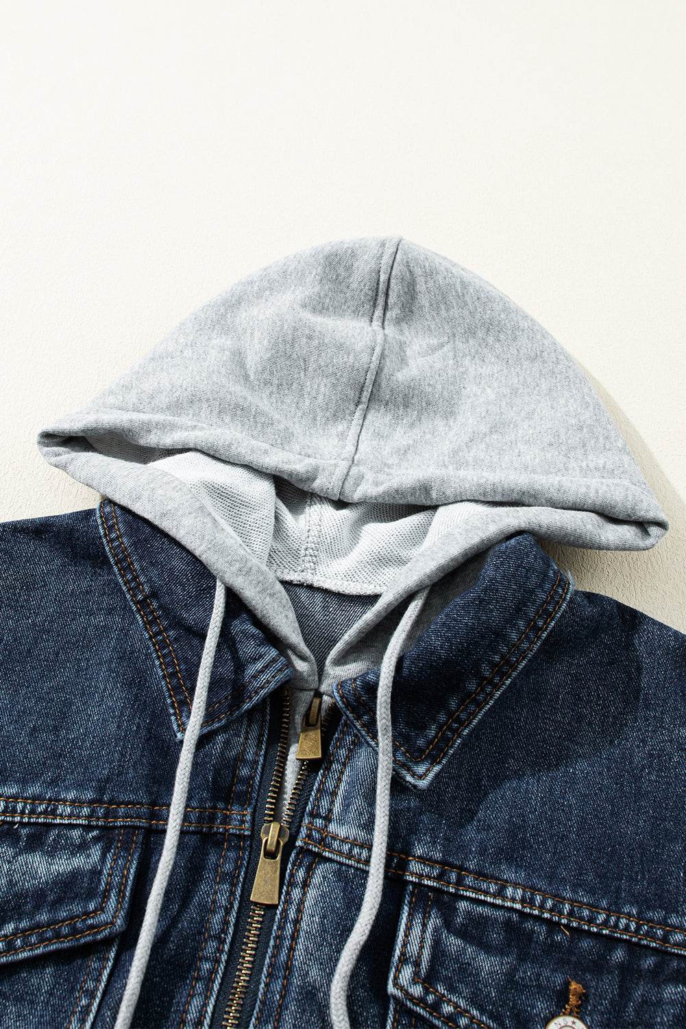 Fake Two-Piece Hooded Zip-Up Denim Jacket - felvior