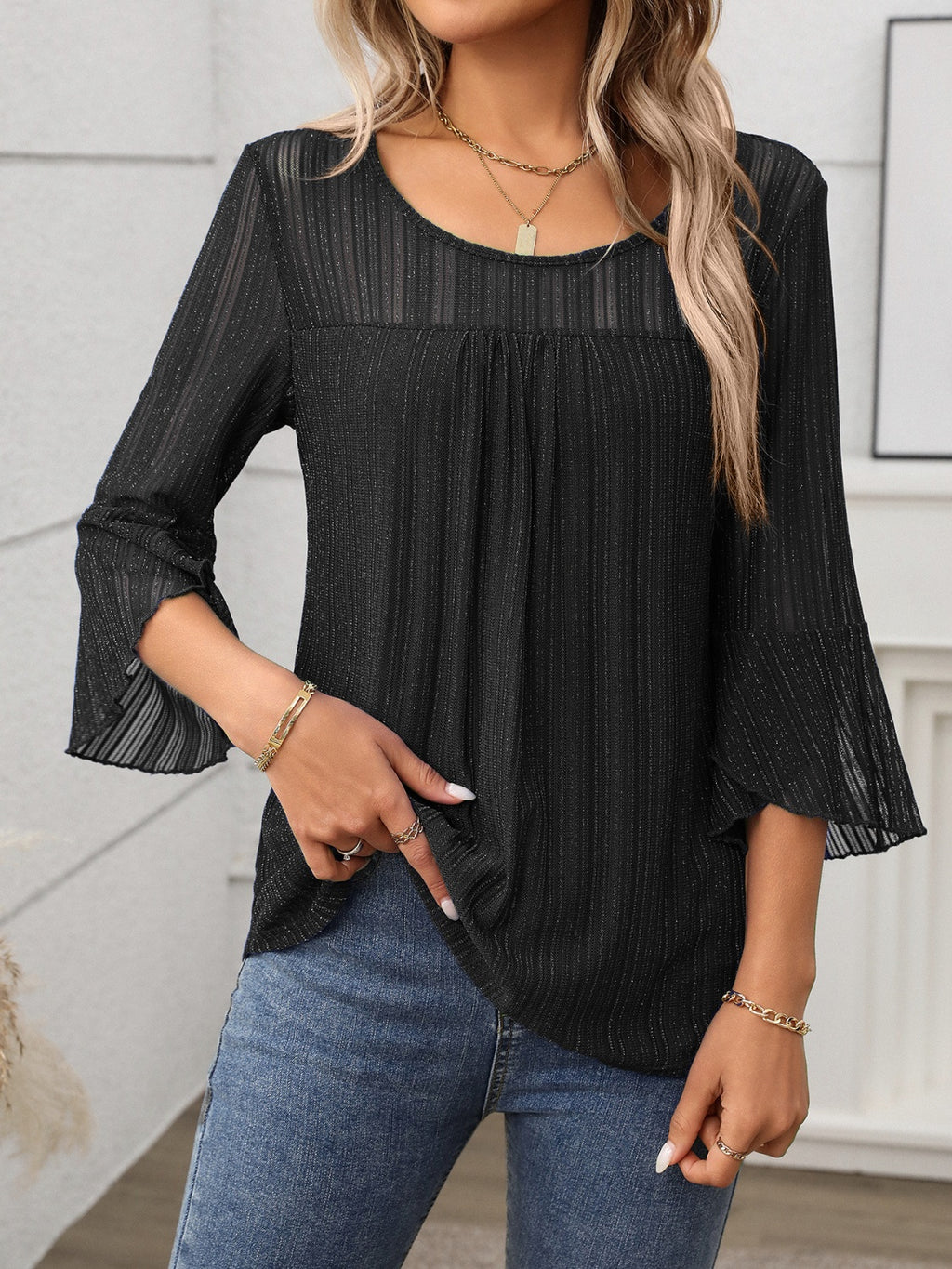 Round Neck Three-Quarter Sleeve Top