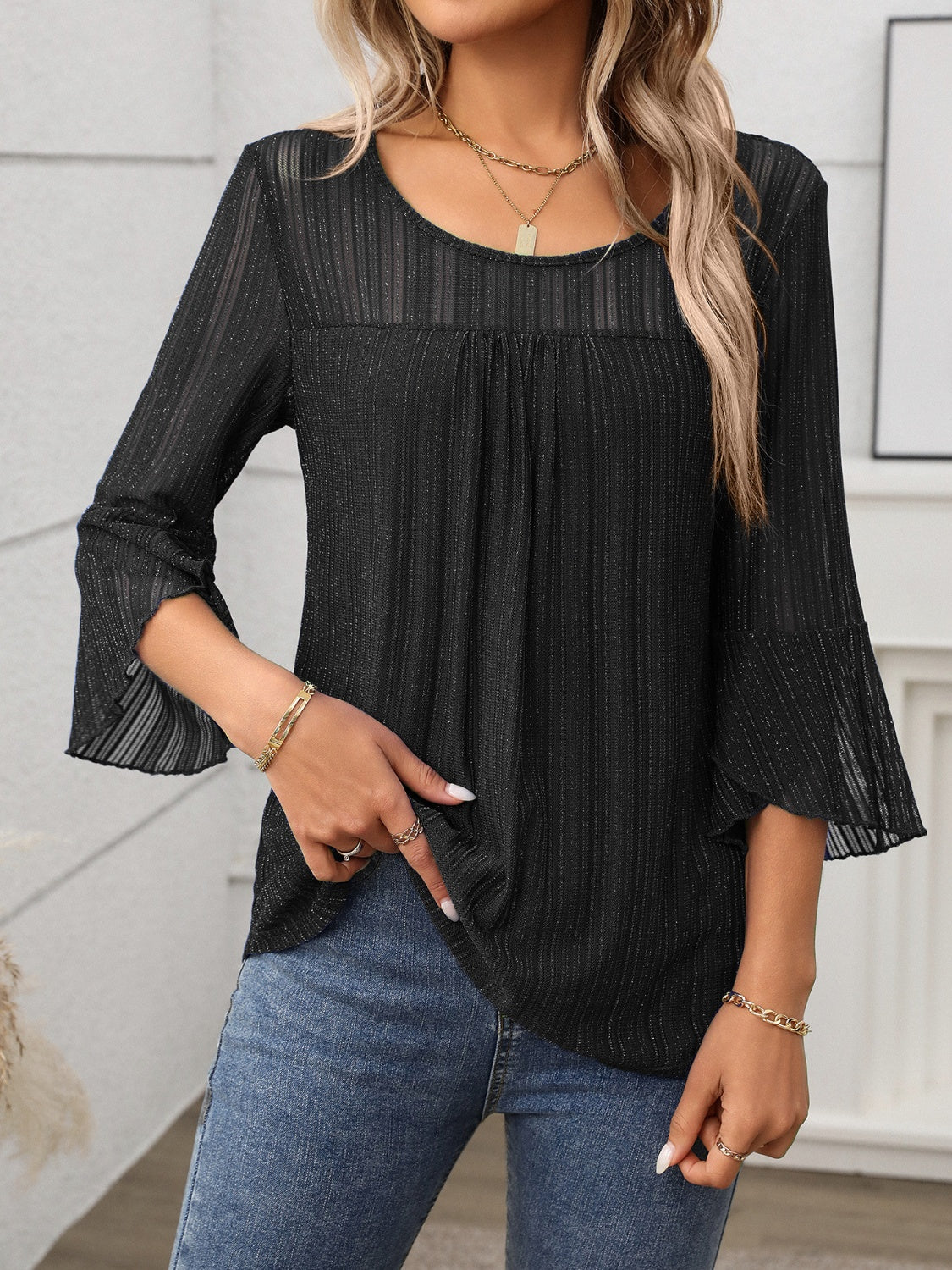 Round Neck Three-Quarter Sleeve Top