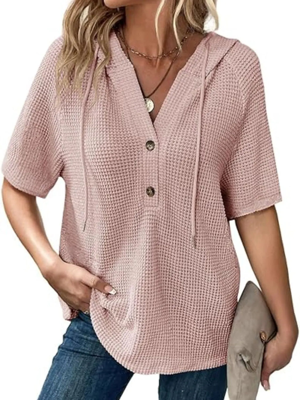 Drawstring Waffle-Knit Short Sleeve Hooded Top