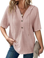 Drawstring Waffle-Knit Short Sleeve Hooded Top