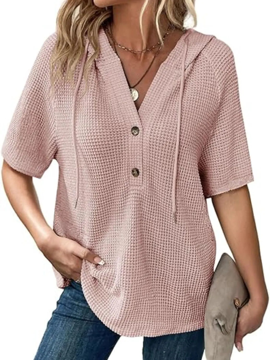 Drawstring Waffle-Knit Short Sleeve Hooded Top