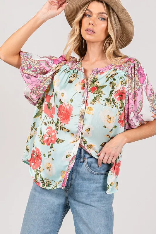 SAGE+FIG Plus Size Floral Mineral Wash French Terry Button Up Shirt