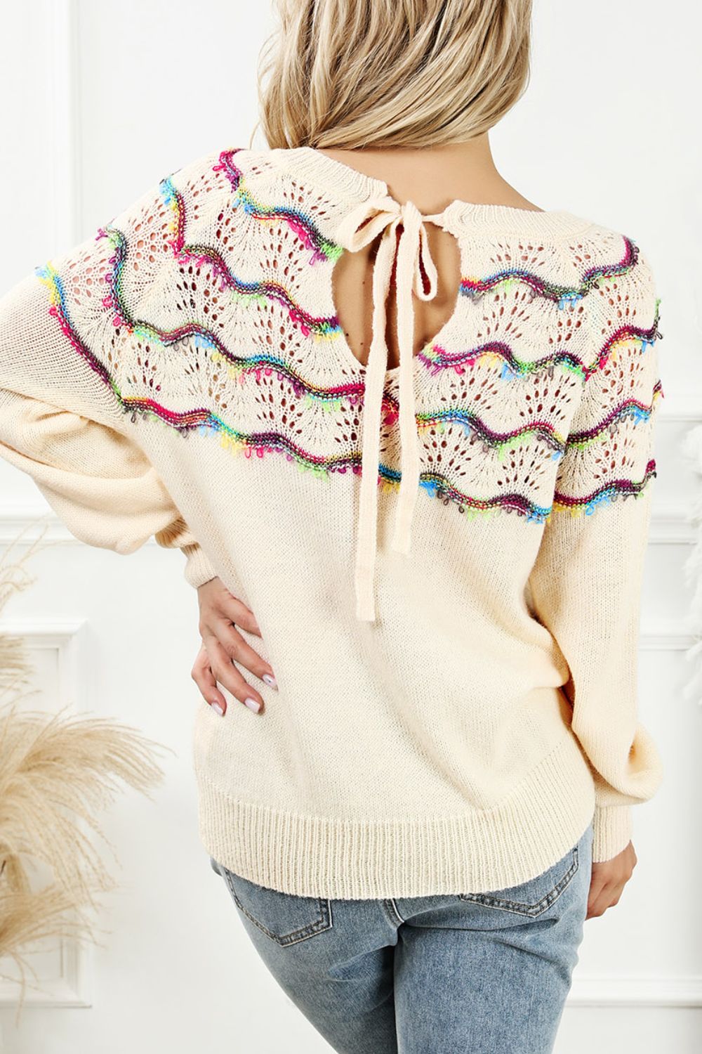 Openwork Wavy Striped Round Neck Sweater - felvior