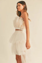 MABLE Tulle Tube Ruffle Crop Top and High Low Maxi Skirt Set