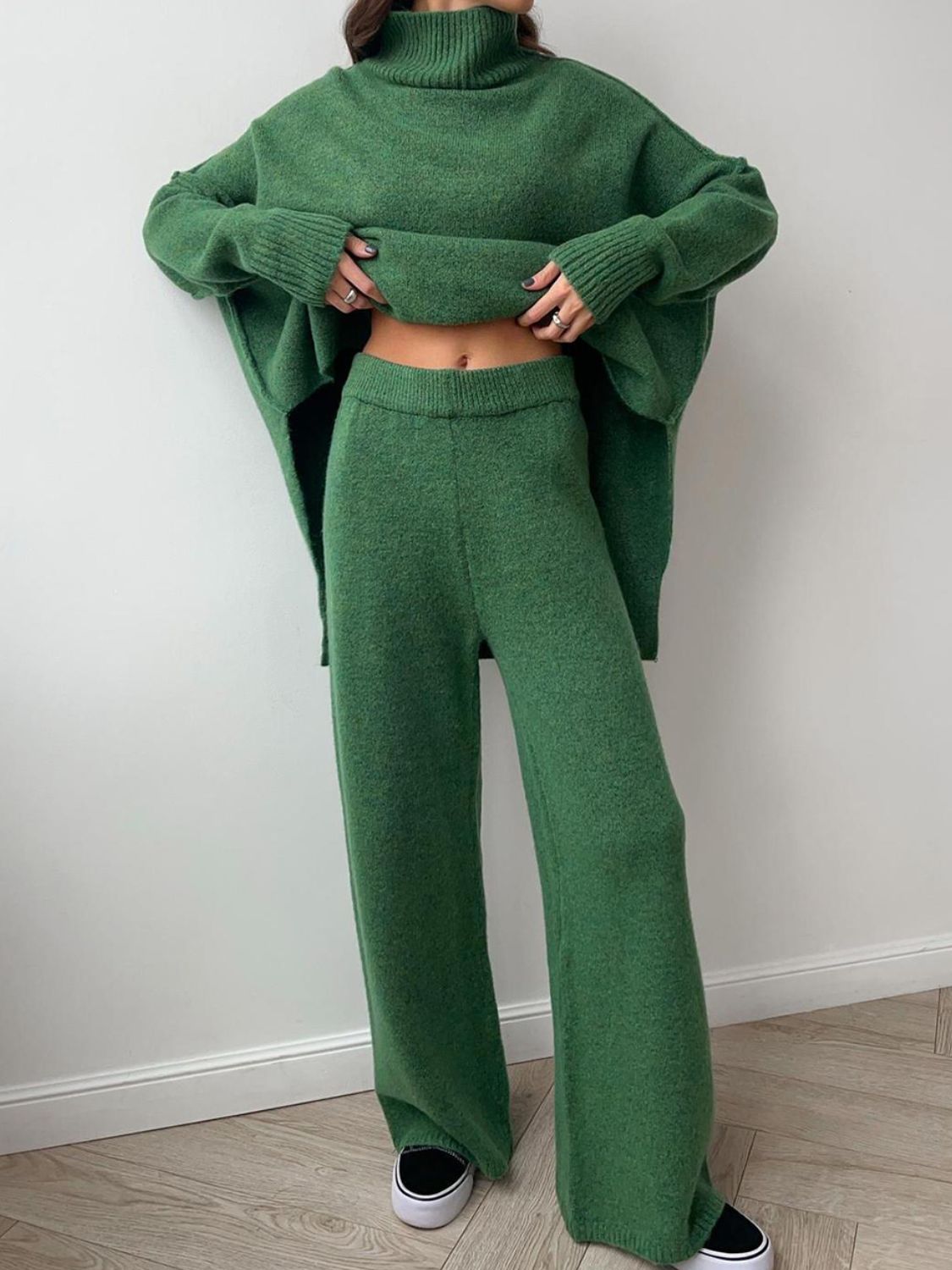 Slit Turtleneck Long Sleeve Top and Pants Sweater Set - felvior