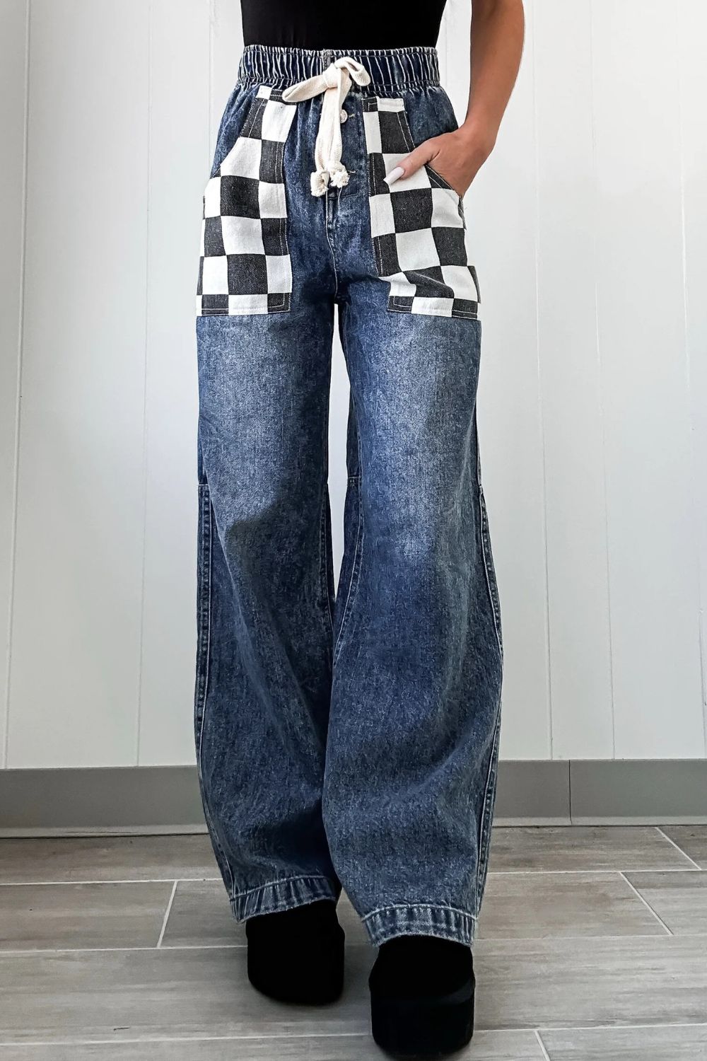 Checkered Wide Leg Jeans - felvior