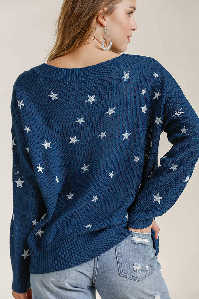 Umgee Full Size Star V-Neck Long Sleeve Sweater Plus Size Zweitbild