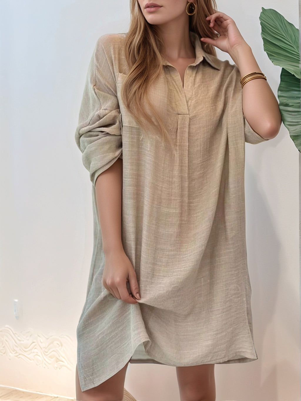 Full Size Side Slit Roll-Tab Sleeve Mini Shirt Dress Plus Size