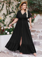Plus Size Ruffled Hem Button Down V-Neck Short Sleeve Maxi Dress