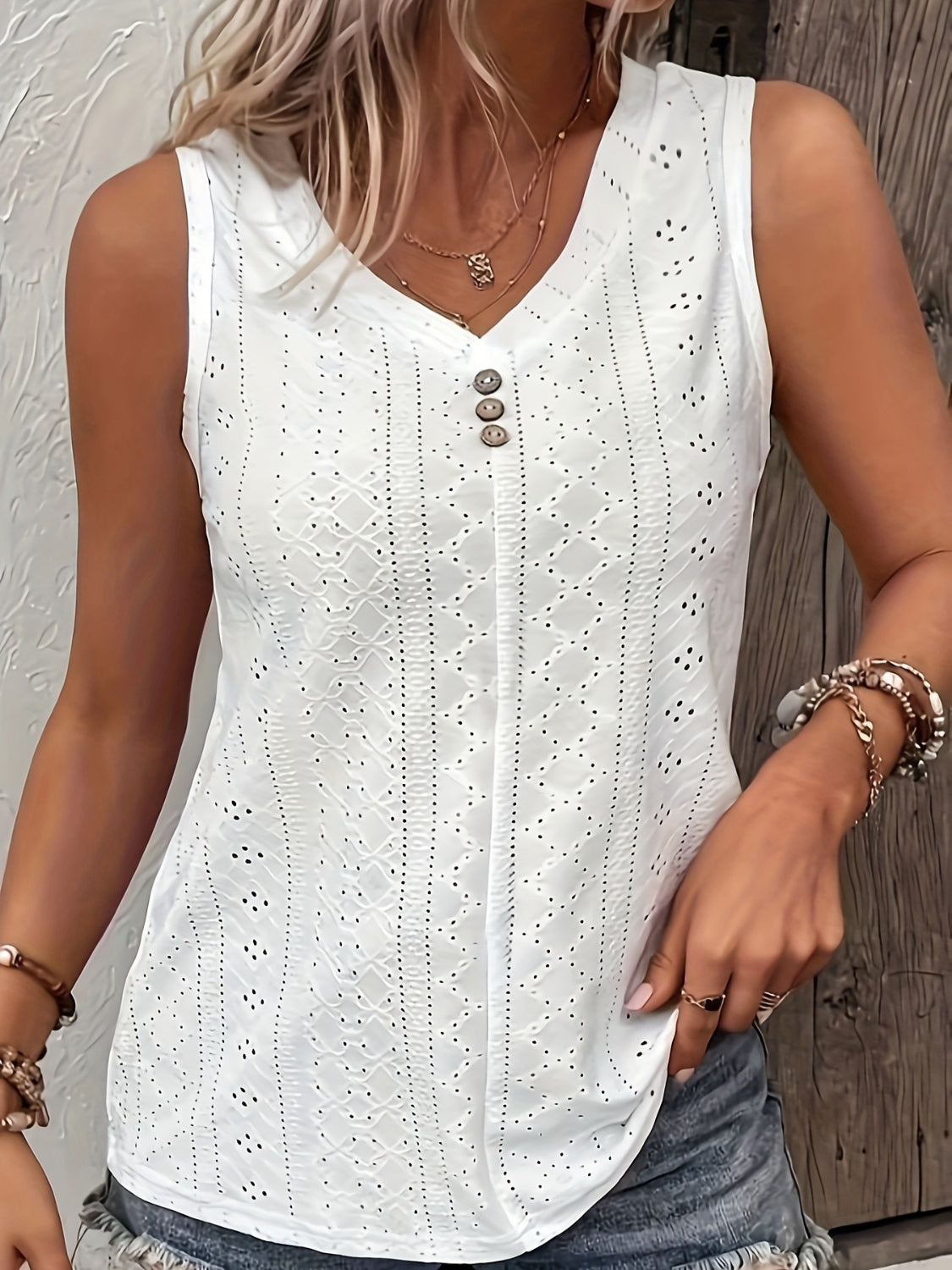 Full Size Eyelet V-Neck Tank Plus Size
