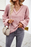 Devine Waffle-Knit V-Neck Long Sleeve Top - felvior