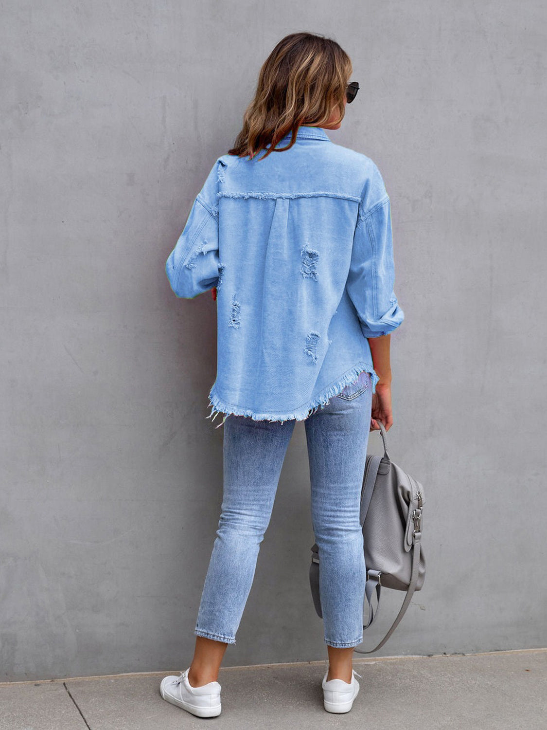 Distressed Drop Shoulder Denim Jacket - felvior