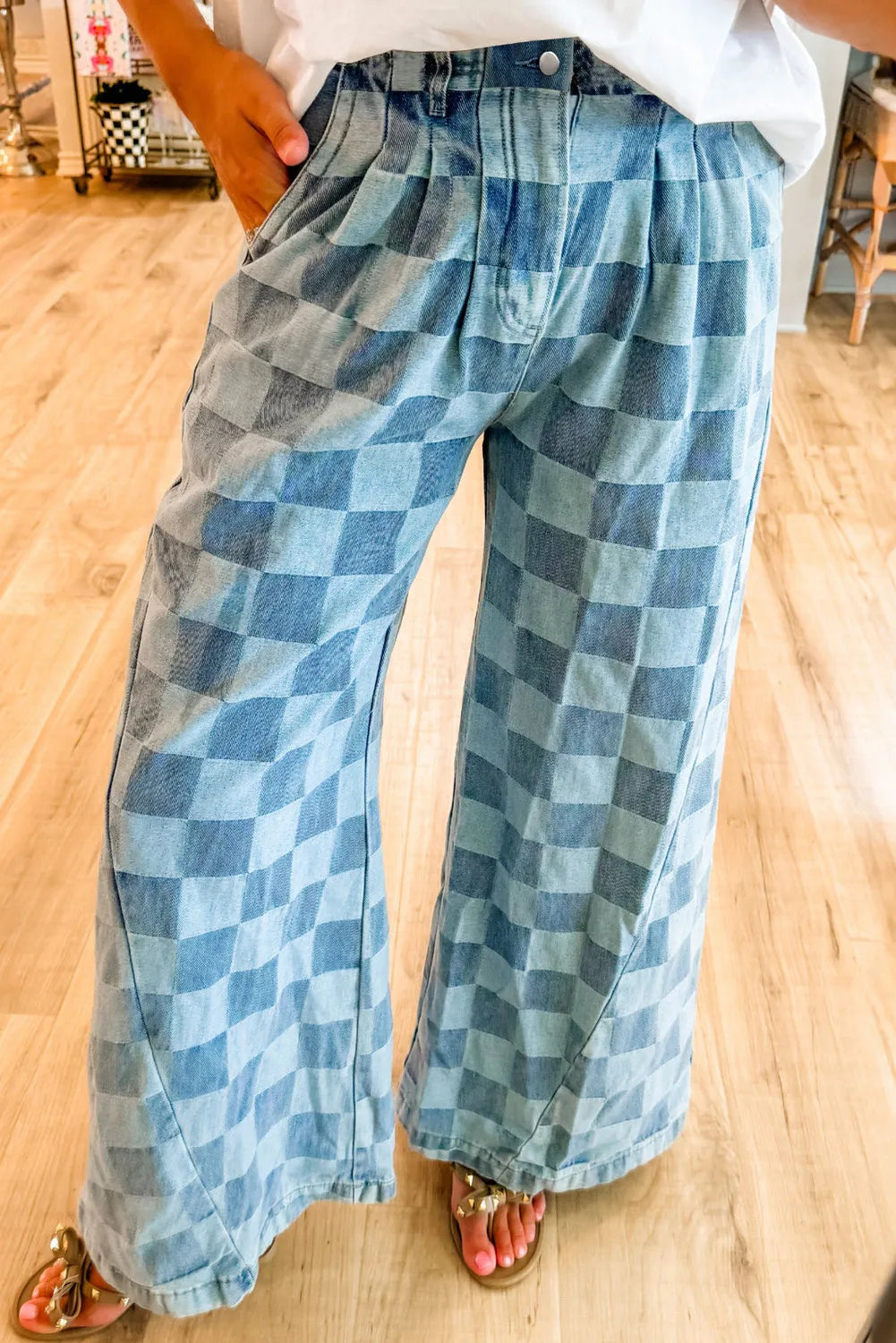 Checkered Wide Leg Jeans with Pockets - felvior