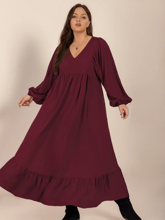 Plus Size Ruffled Hem V-Neck Balloon Sleeve Dress - felvior