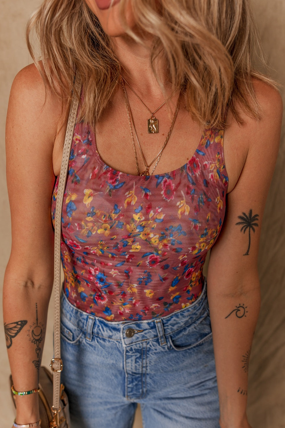 Floral Mesh Scoop Neck Wide Strap Bodysuit