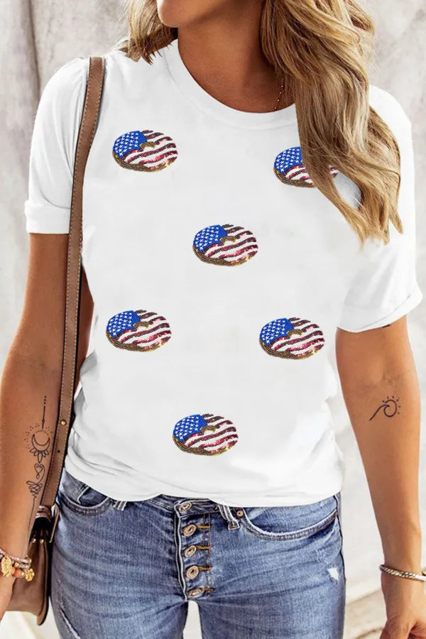Sequined Flag Round Neck Short Sleeve T Shirt