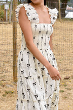 Bow Print Smocked Square Neck Ruffle Tiered Maxi Dress