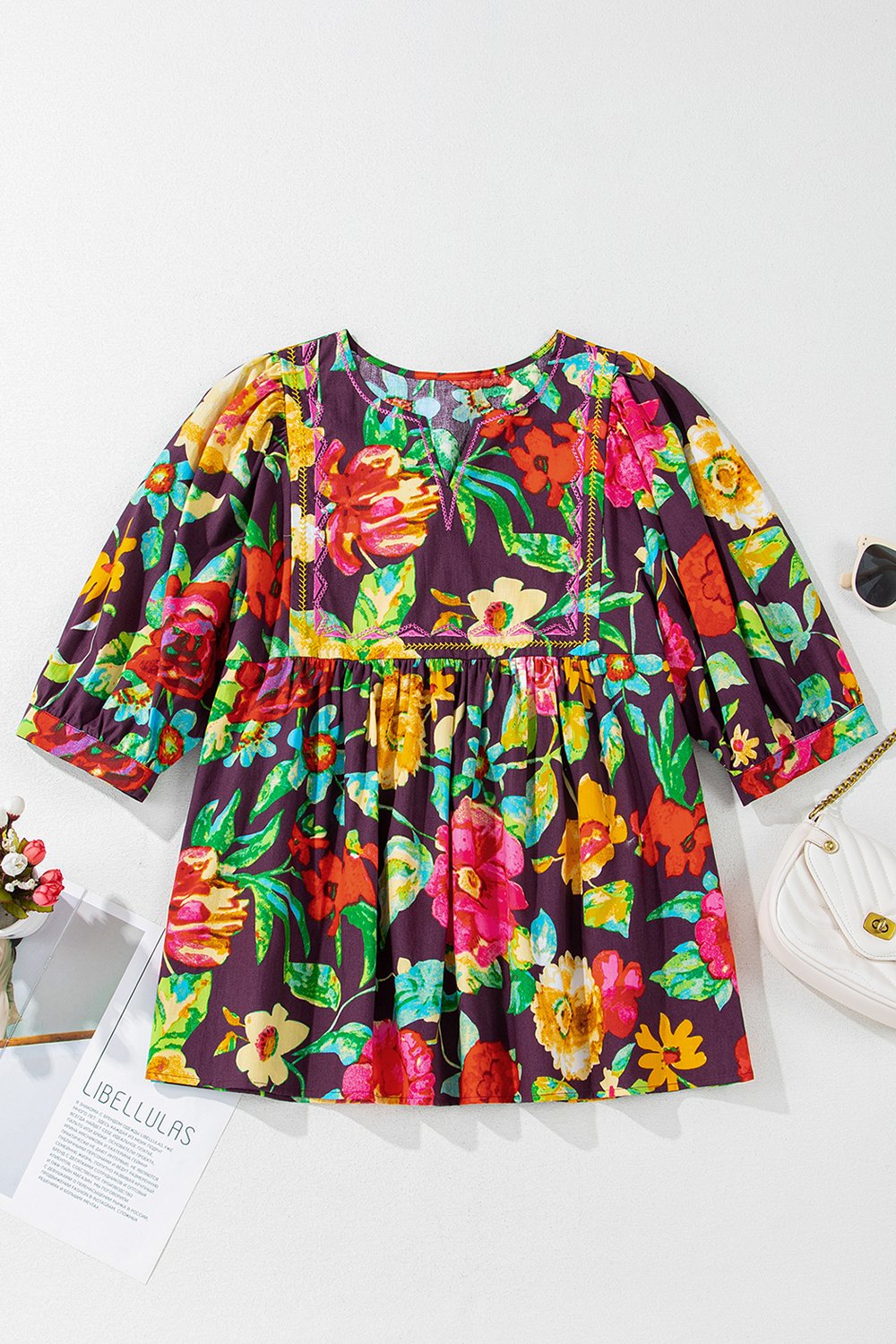 Flower Embroidered Trim Half Sleeve Blouse - felvior