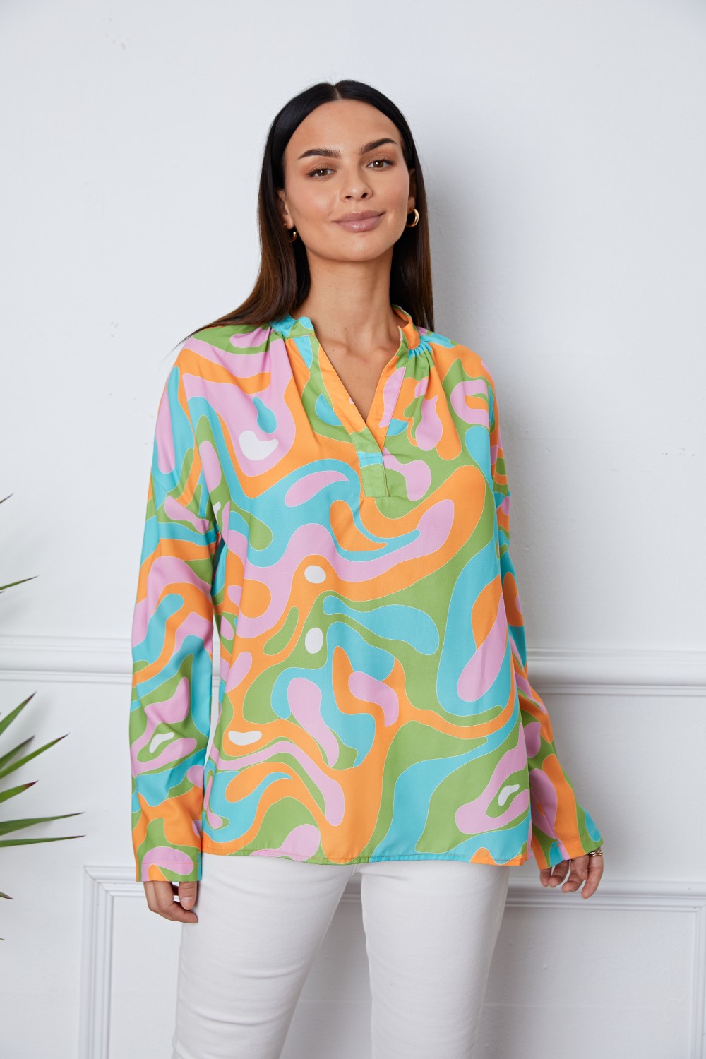 Printed Notched Long Sleeve Blouse - felvior