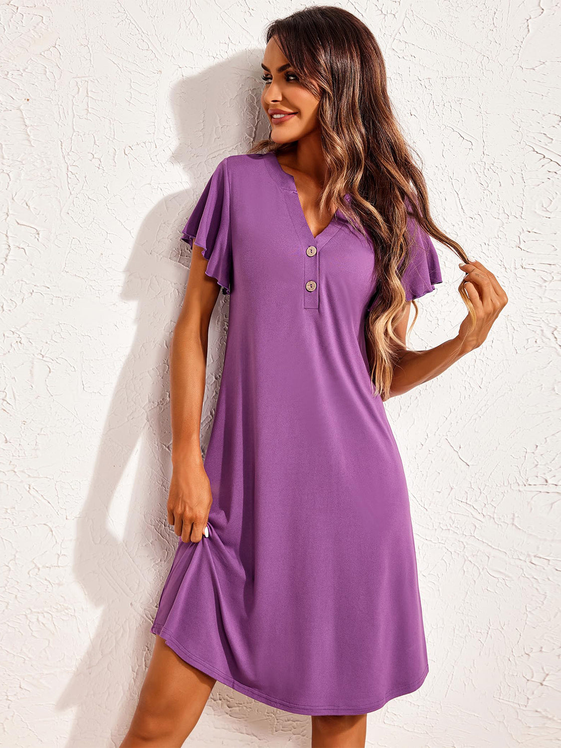 Notched Short Sleeve Lounge Dress - felvior