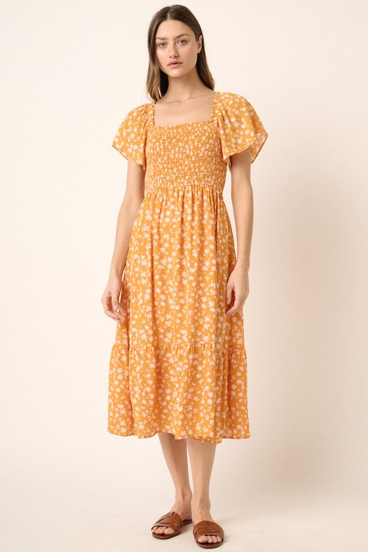 Mittoshop Flower Print Flutter Sleeve Smocked Midi Dress - felvior