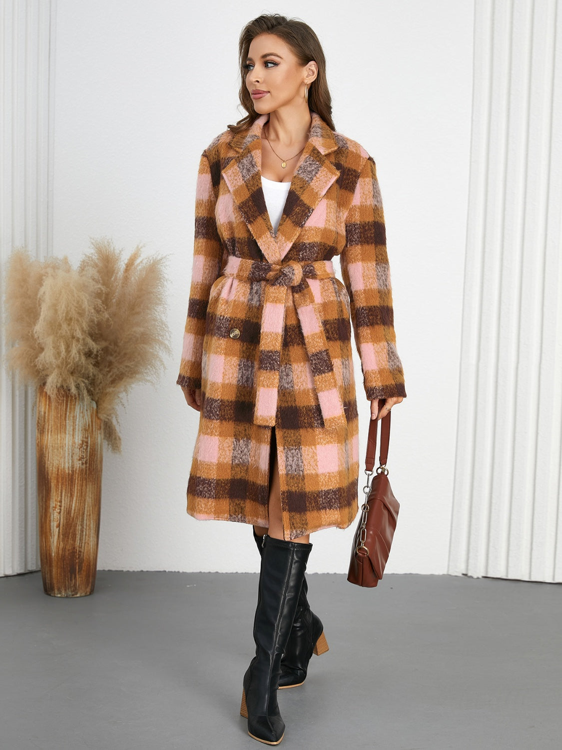 Tied Plaid Collared Neck Coat - felvior