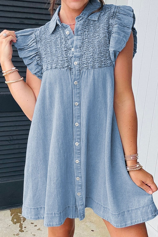 Smocked Collared Neck Cap Sleeve Denim Dress - felvior