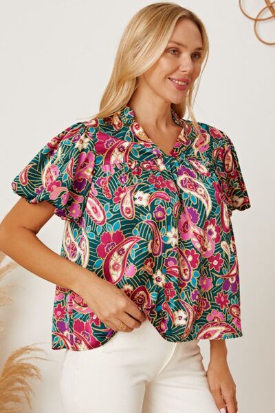 Floral Collared Neck Short Sleeve Blouse - felvior