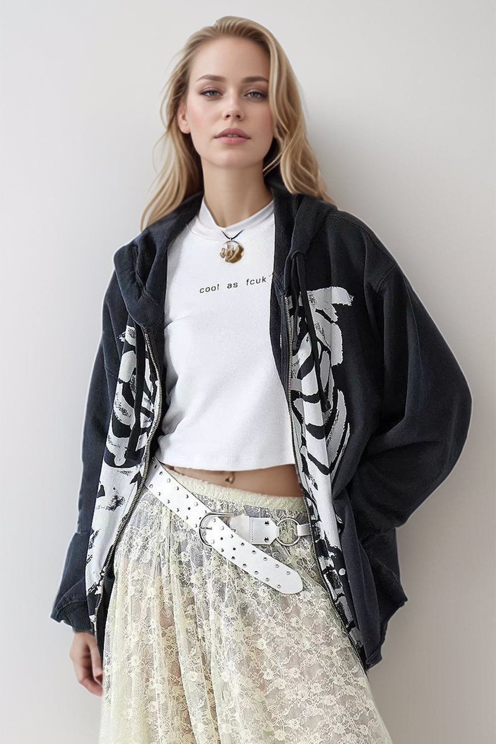 Skeleton Zip Up Drawstring Hoodie