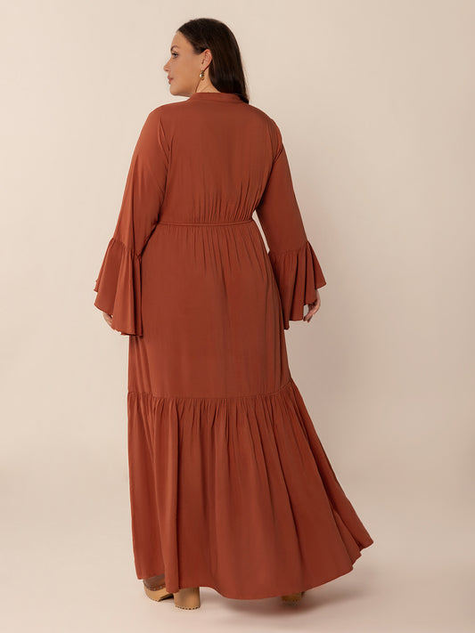 Plus Size Ruffled Notched Long Sleeve Midi Dress - felvior