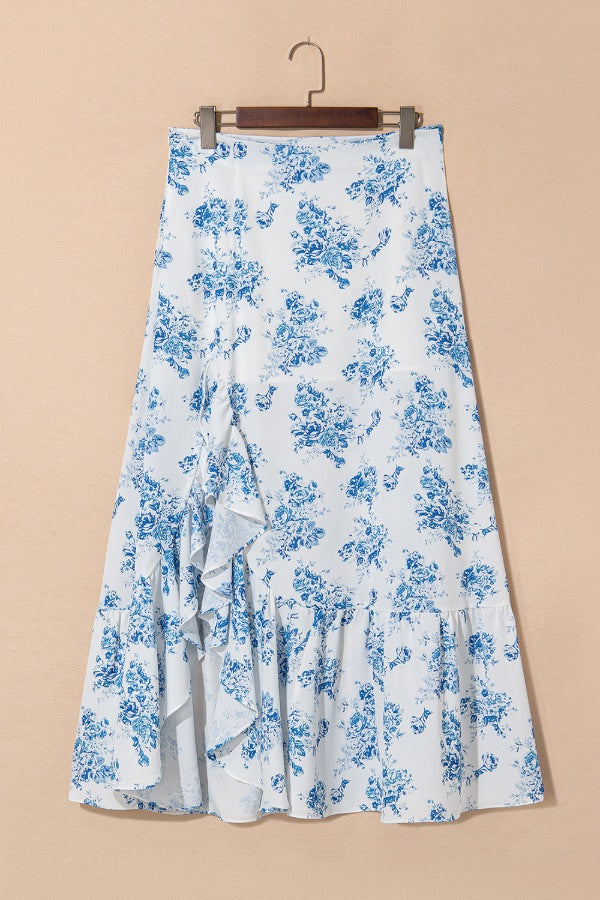 Split Asymmetrical Ruffled Printed Skirt - felvior