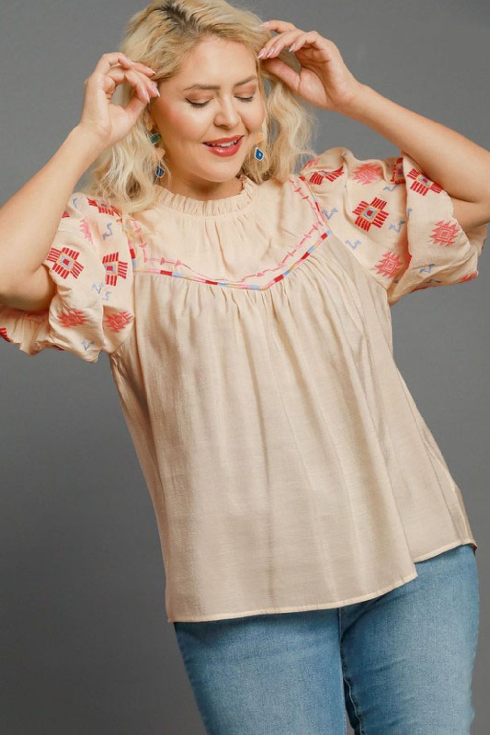 Umgee Full Size Embroidered Puff Sleeve Mock Neck Top Plus Size - felvior
