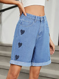 Heart-Pattern Rolled Hem Denim Shorts - felvior