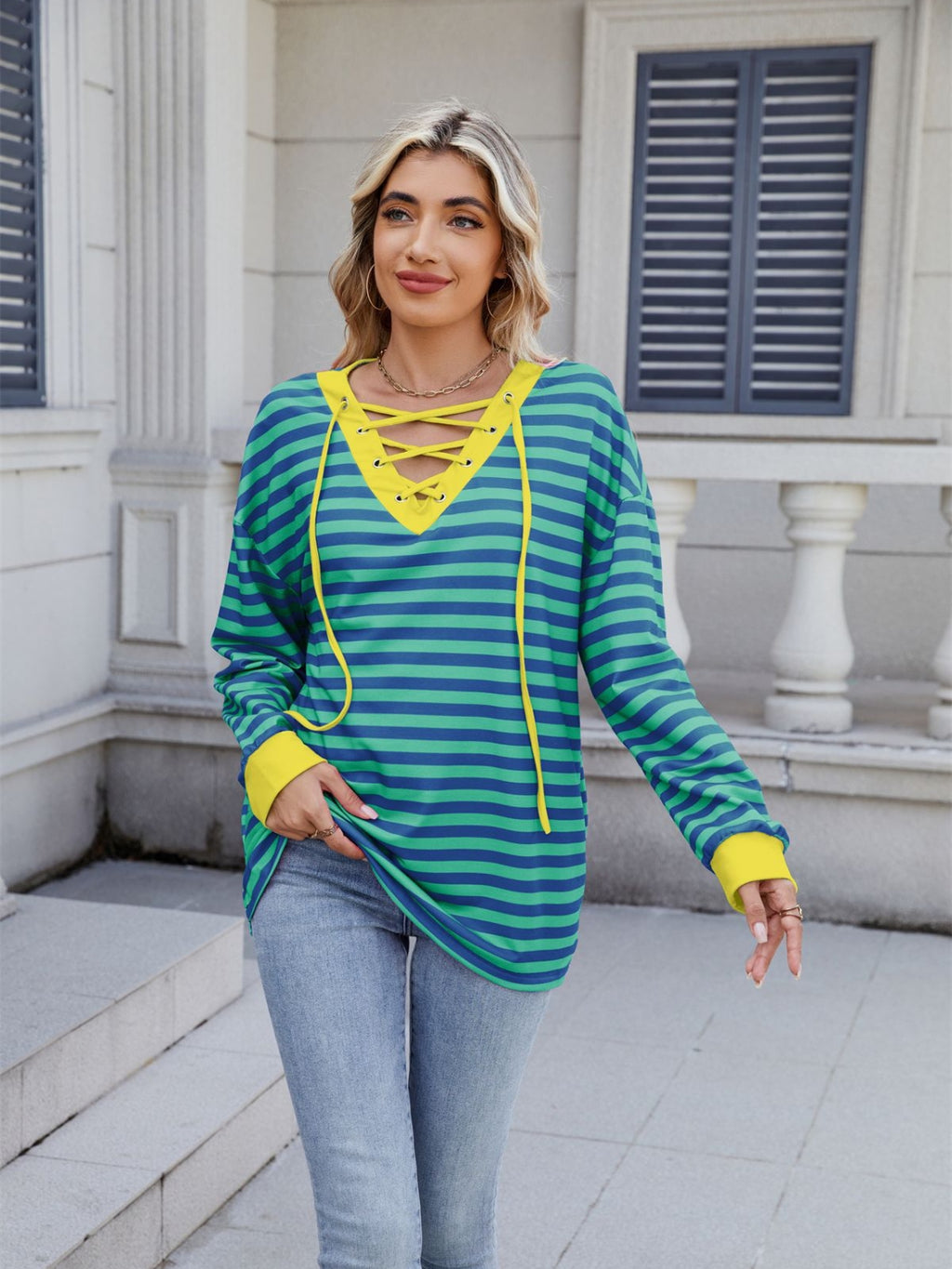 Lace-Up Striped Long Sleeve T-Shirt