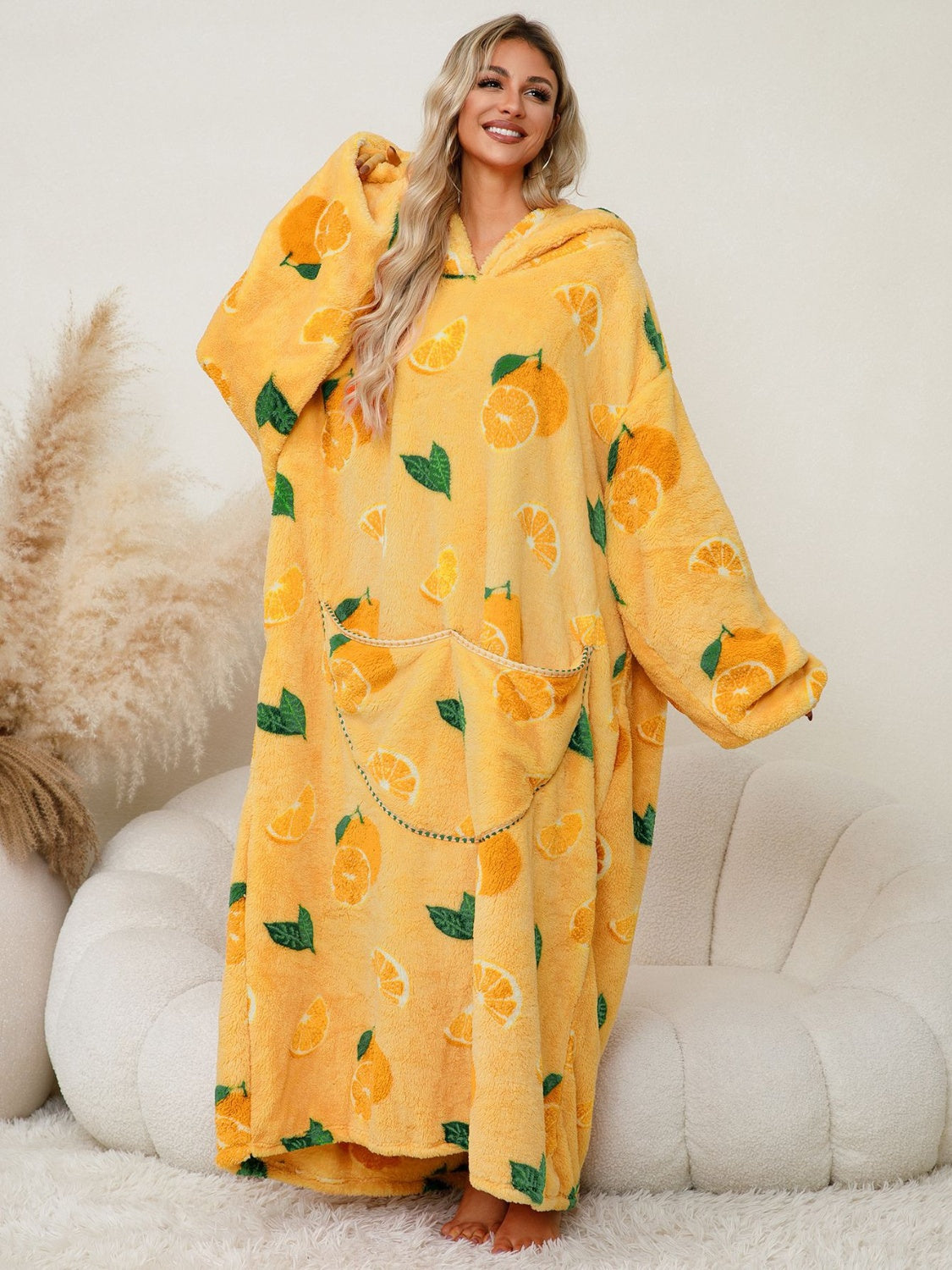 Fuzzy Pocketed Long Sleeve Hooded Lounge Dress - felvior