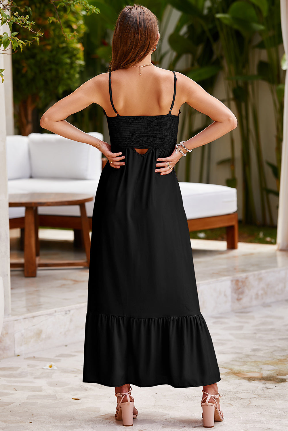 Smocked Spaghetti Strap Ruffle Hem Dress - felvior