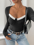 Perfee Ribbed Contrast Long Sleeve Bodysuit - felvior
