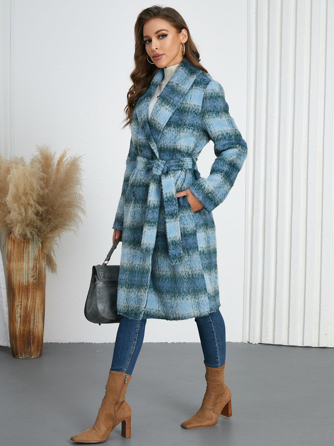 Plaid Tie Waist Long Sleeve Coat - felvior