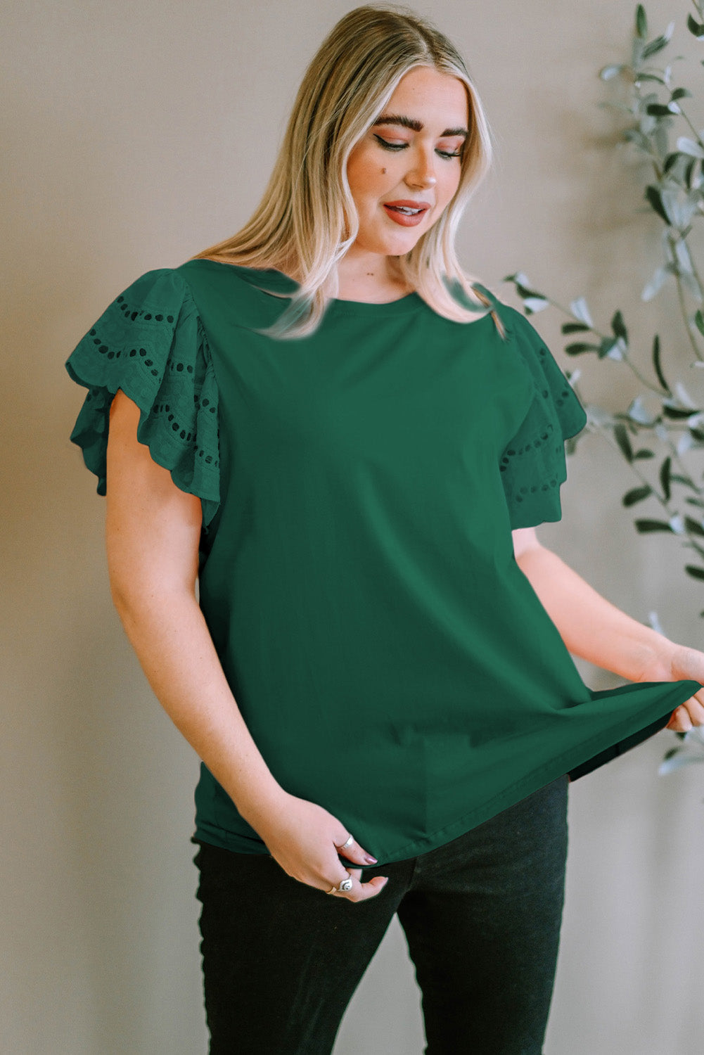 Plus Size Eyelet Round Neck Short Sleeve Blouse Secondary image