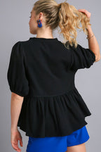 Umgee Full Size Cotton Gauze Floral Embroidery Babydoll Blouse Plus Size